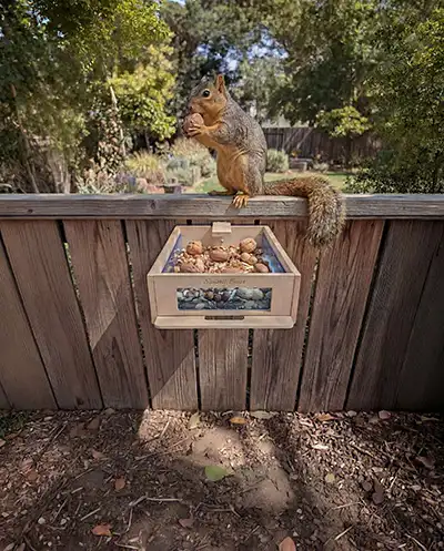 Squirrel perched on a wooden fence, eating from a hanging feeder filled with mixed nuts in a backyard setting.