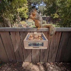 Gray squirrel perched on a wooden fence, holding a walnut above a wooden snack box labeled 'Squirrel Boxes' filled with nuts.