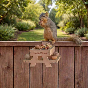 Squirrel perched on a wooden fence feeding from a box labeled 'Squirrel Boxes' full of nuts and seeds.