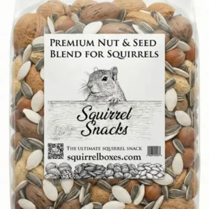 Bag of mixed nuts and seeds labeled 'Squirrel Snacks' with a drawing of a squirrel on the front.