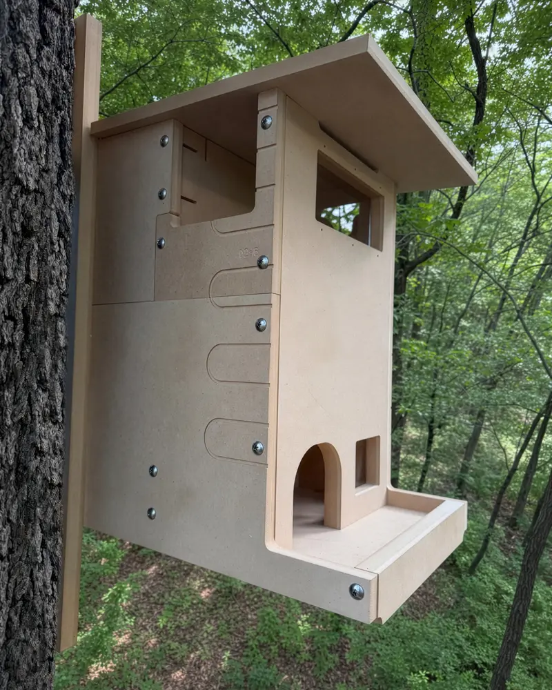 Wooden birdhouse mounted on a tree in a green forest, featuring multiple compartments and a sloped roof.