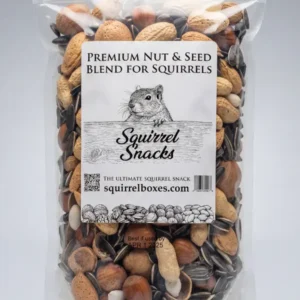 Bag of Premium Nut & Seed Blend for Squirrels labeled Squirrel Snacks, showing mixed nuts inside a clear pouch with a squirrel illustration on the front label.