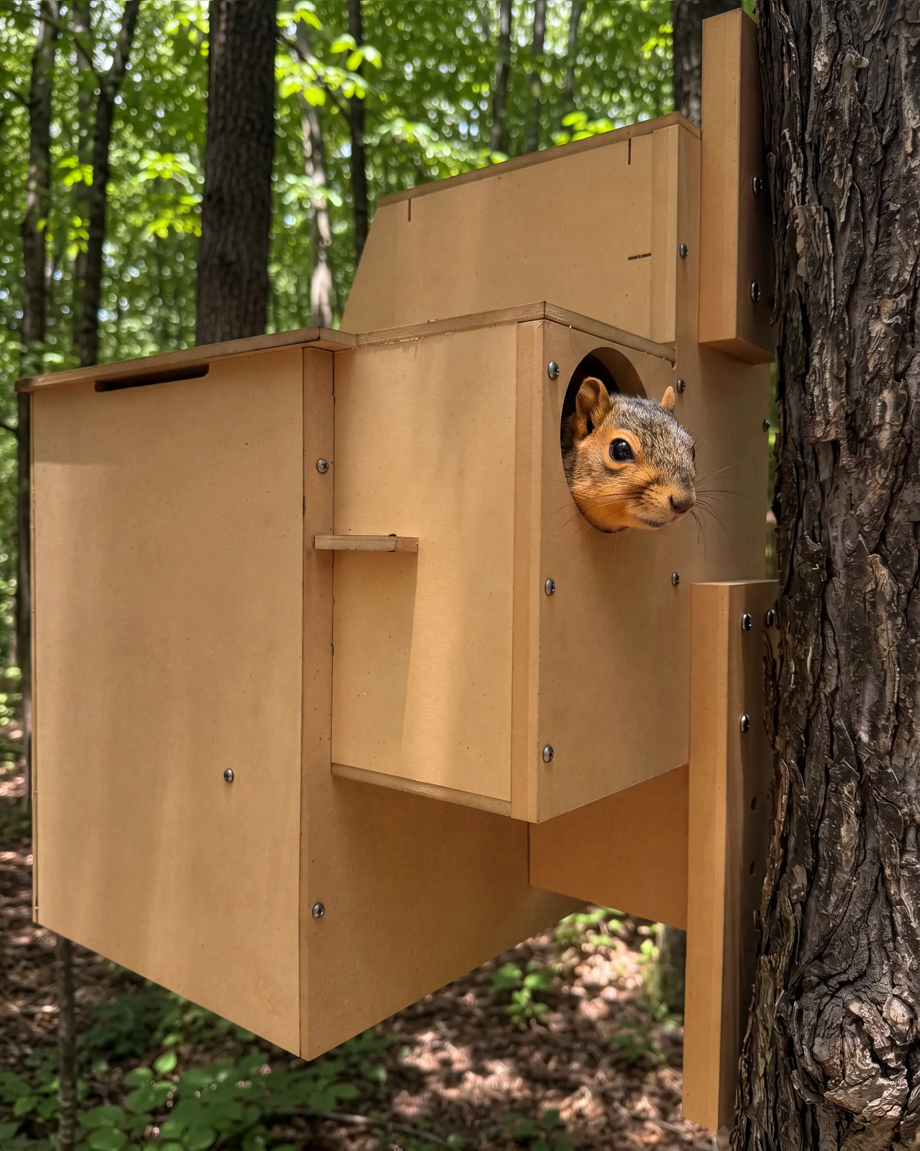 Squirrel peeks out of a wooden nesting box mounted on a tree in a forest.