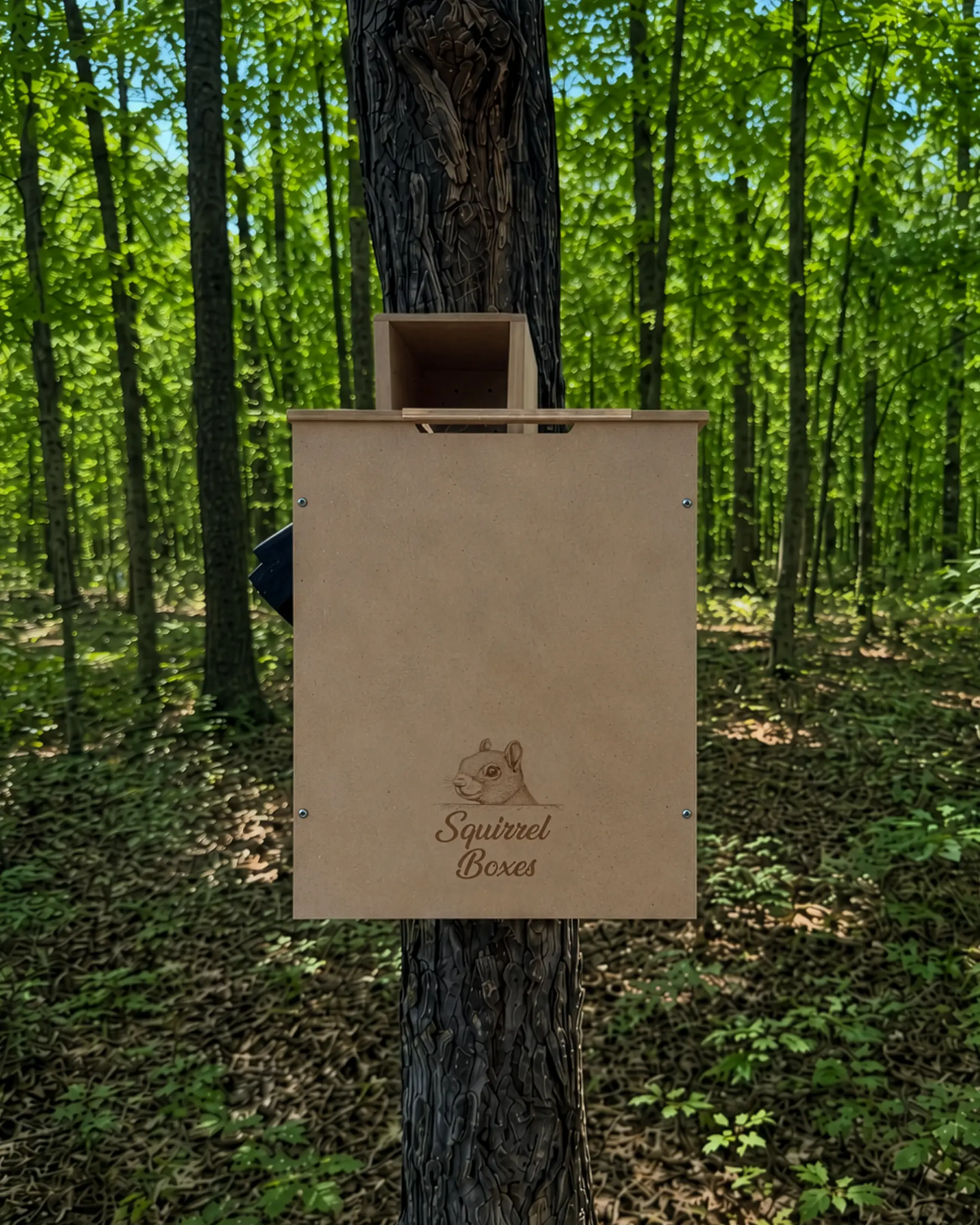 Wooden squirrel nesting boxes attached to a tree trunk in a green forest.
