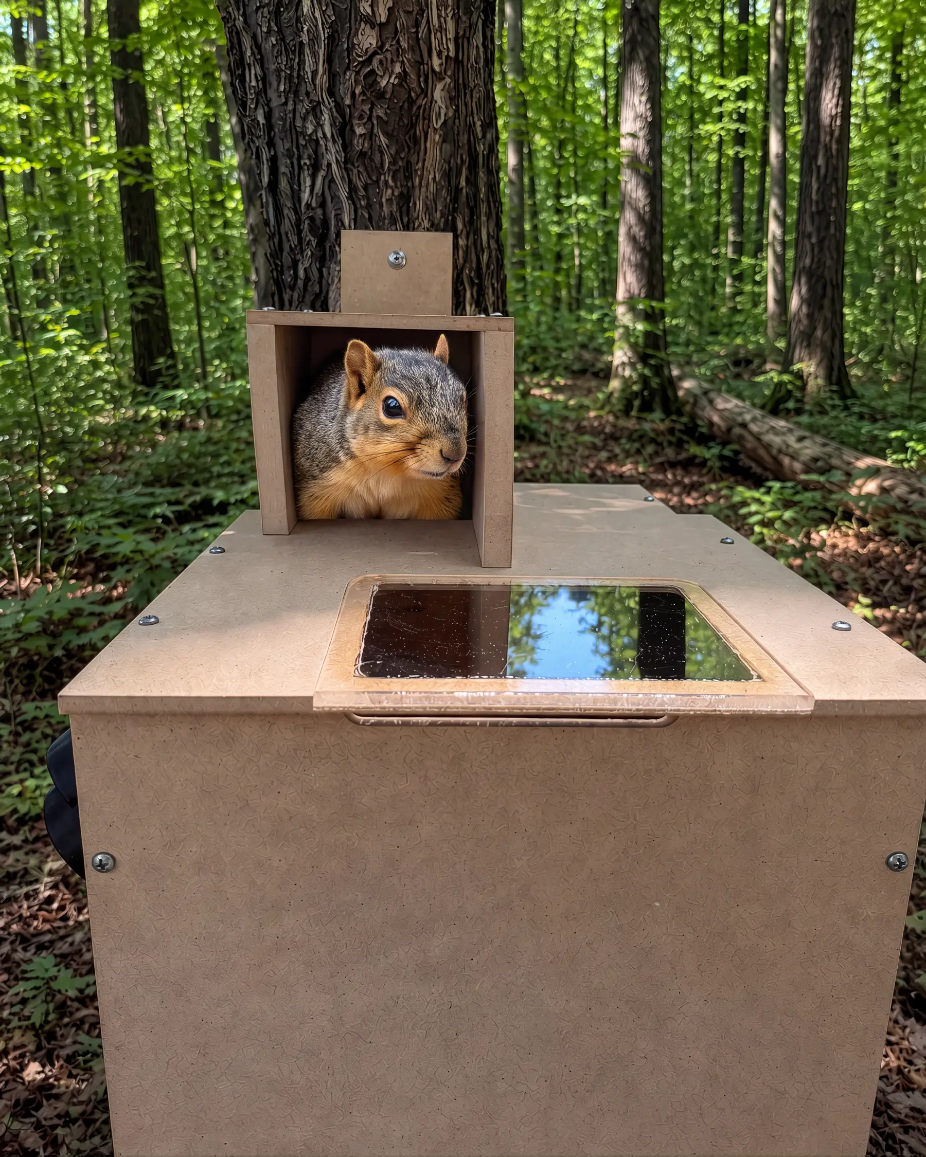 Squirrel peeking out from a wooden box trap in a forest setting.