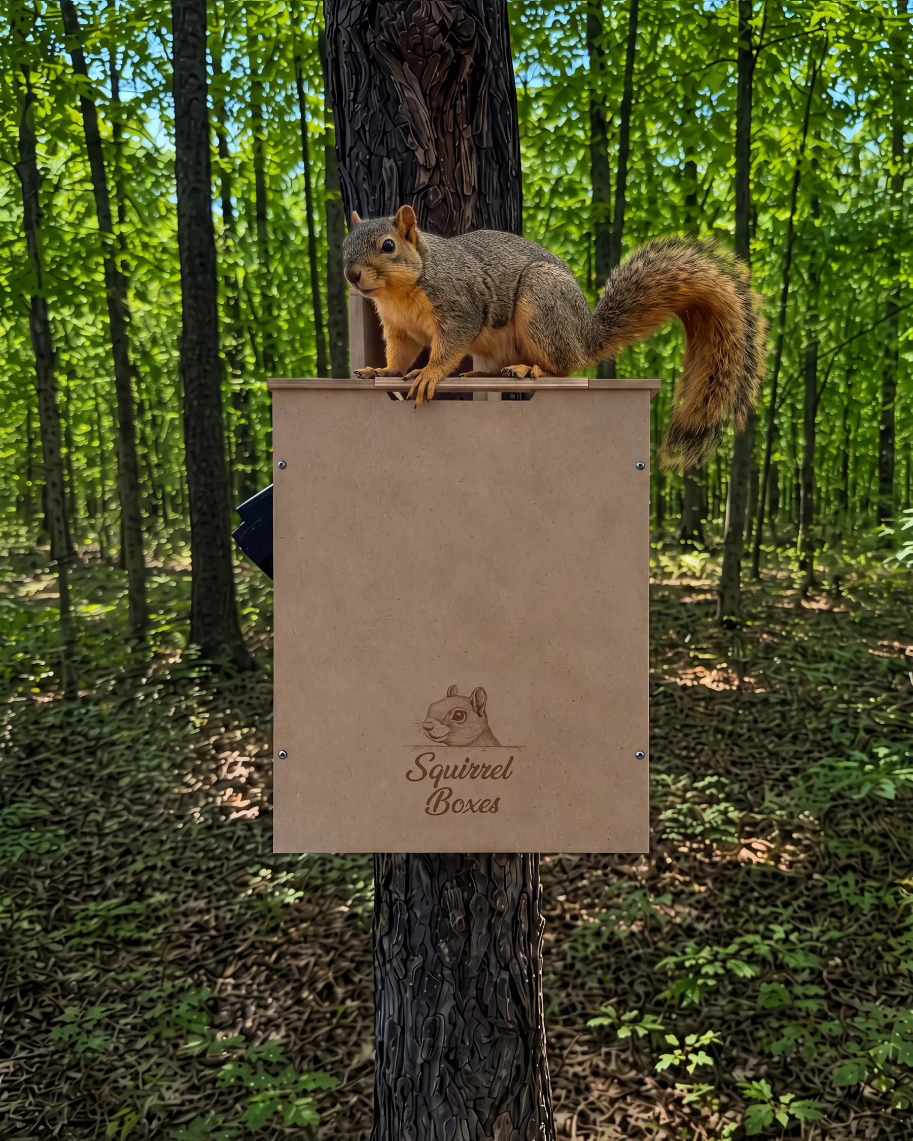 Squirrel perched on a wooden box mounted to a tree in a green forest, with 'Squirrel Boxes' logo on the front panel.